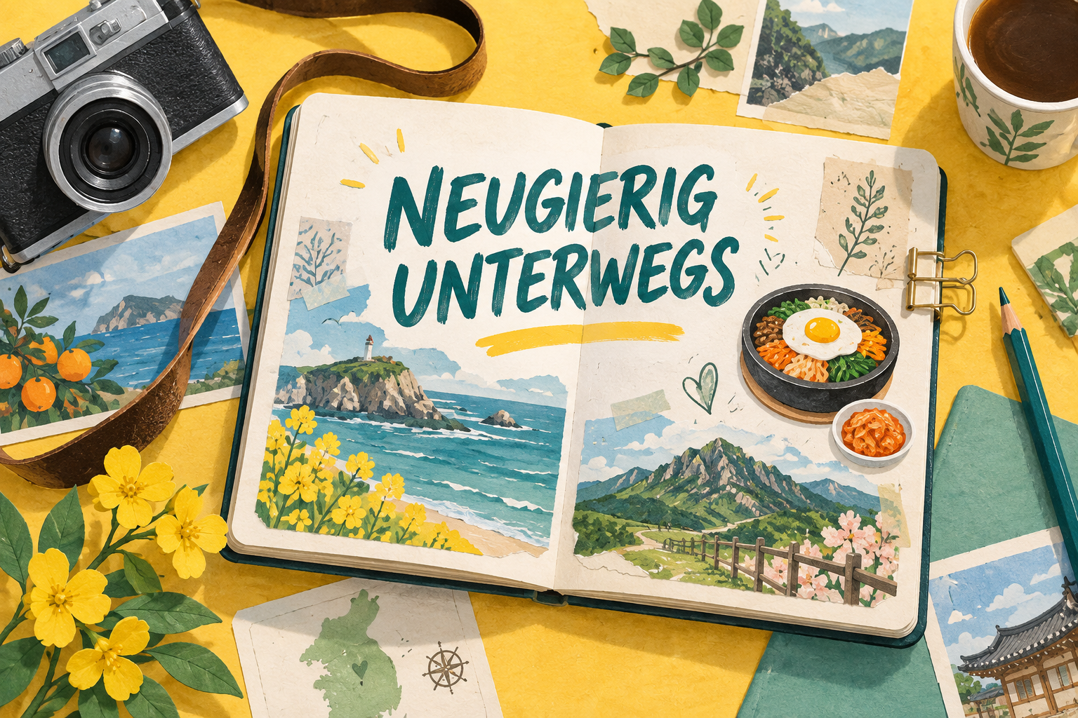 Reisenotizbuch mit Essen, Küste und Berglandschaft
