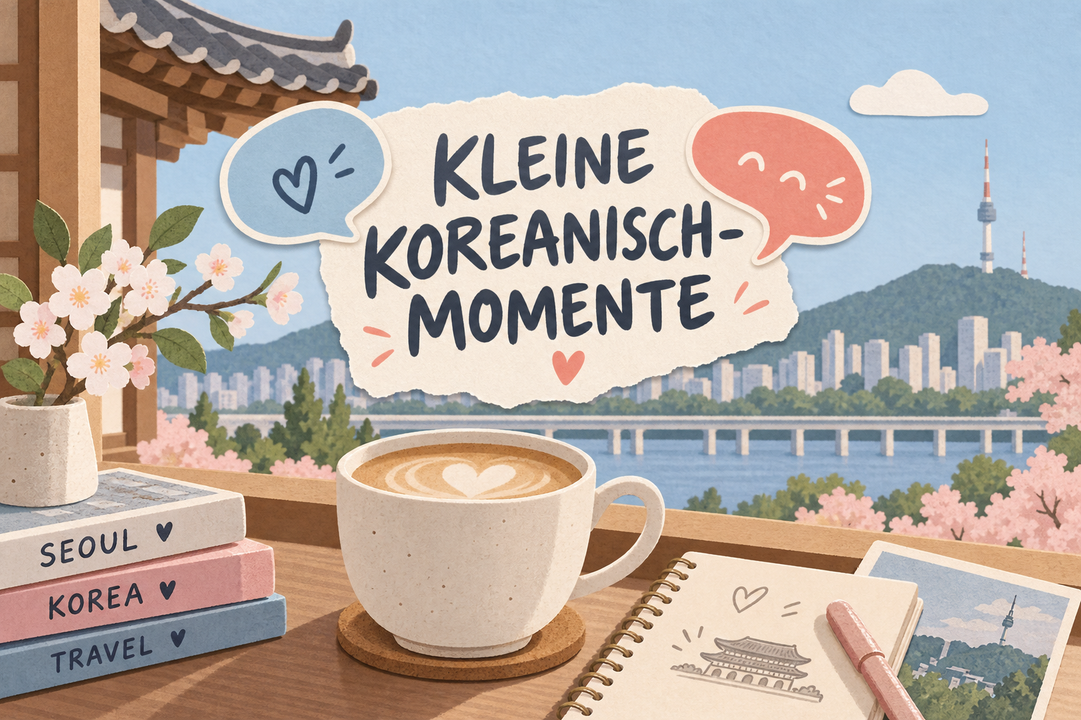 Korea-Unni: kleine Koreanisch-Momente mit Sprechblasen und Notizbuch