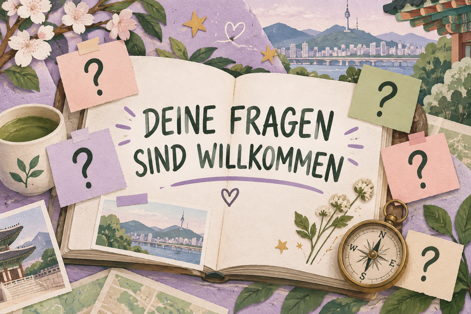 Notizbuch mit Fragezeichen und Einladung zu Reisefragen