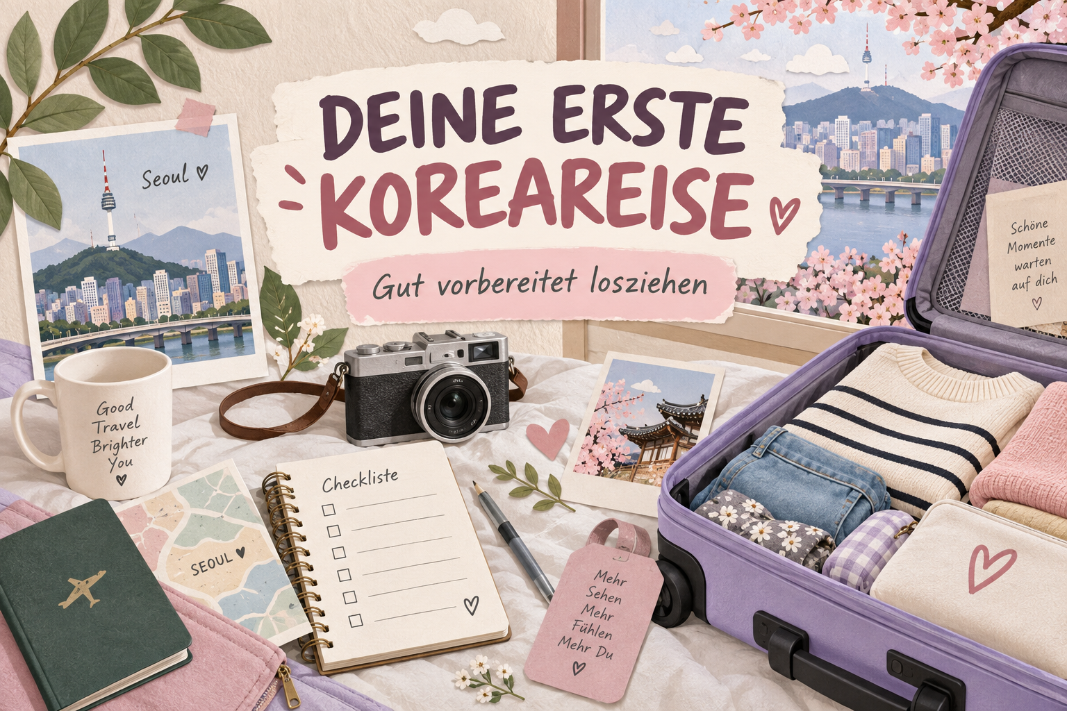 Koreareise planen: KI-Illustration mit Koffer, Kamera und Checkliste