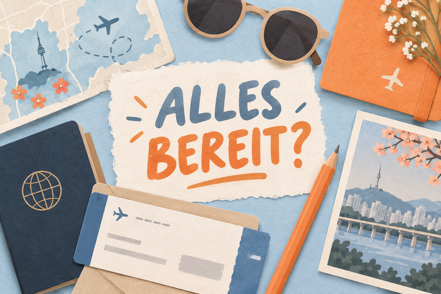 Illustration zur Vorbereitung von Reiseunterlagen für Working Holiday Korea
