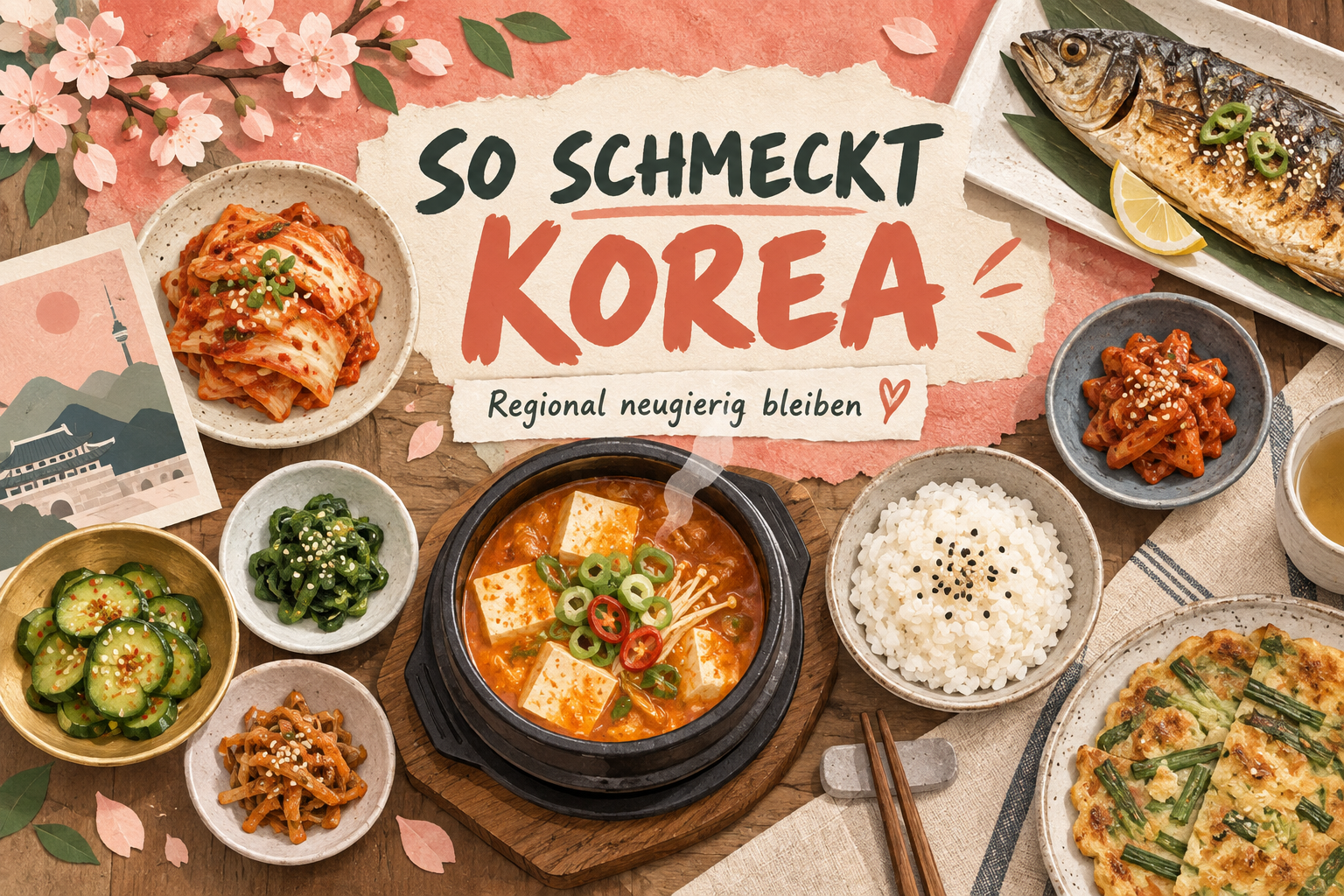 Essen in Korea: KI-Illustration mit Reis, Suppe und regionalen Gerichten