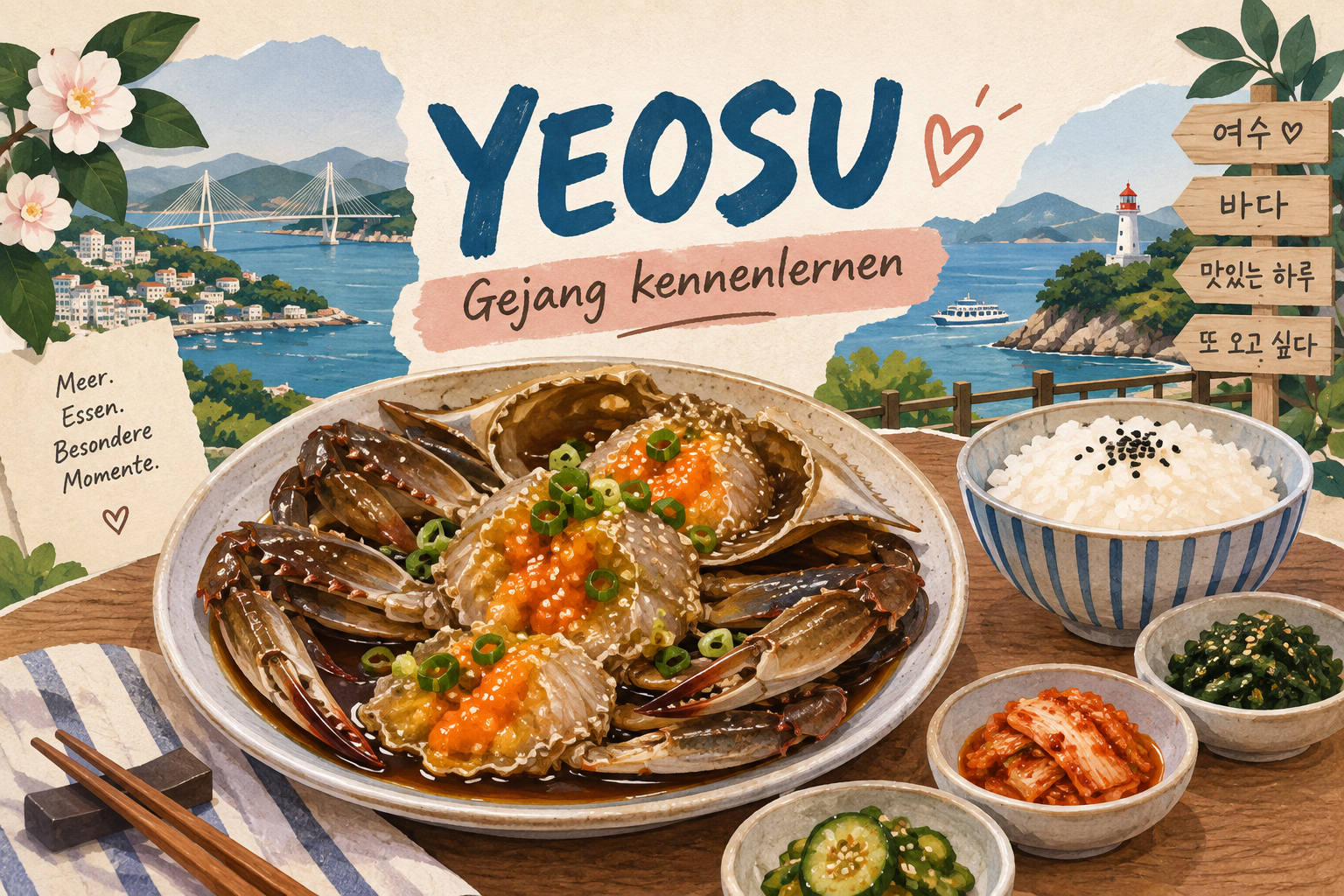 Essen in Korea: illustrierte Gejang-Krabben mit Reis und Beilagen