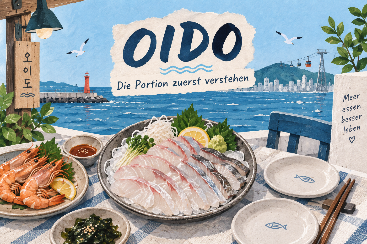 Essen in Korea: illustrierte Fischplatte als Gesprächsanlass über Portionen
