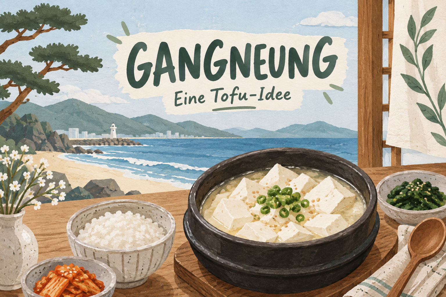 Illustration einer Tofusuppe als regionale Idee für Gangneung