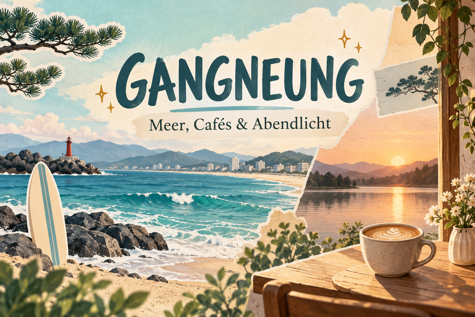 Gangneung: illustrierte Reiseidee mit Strand, Café und See