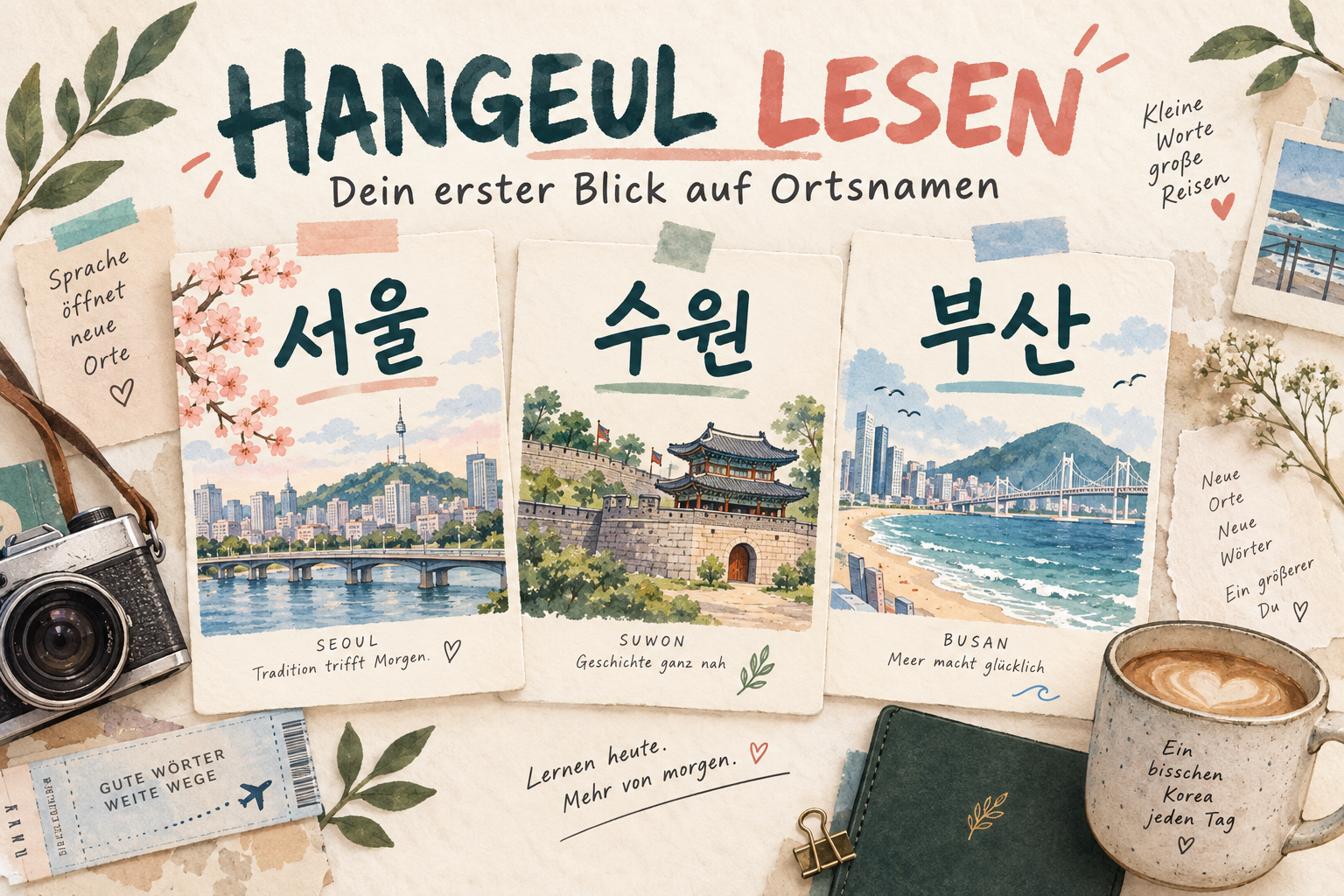 Hangeul lesen mit den koreanischen Ortsnamen Seoul, Suwon und Busan