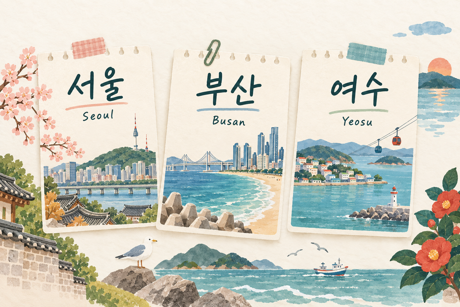 Koreanische Ortsnamen 서울, 부산 und 여수 mit Umschrift