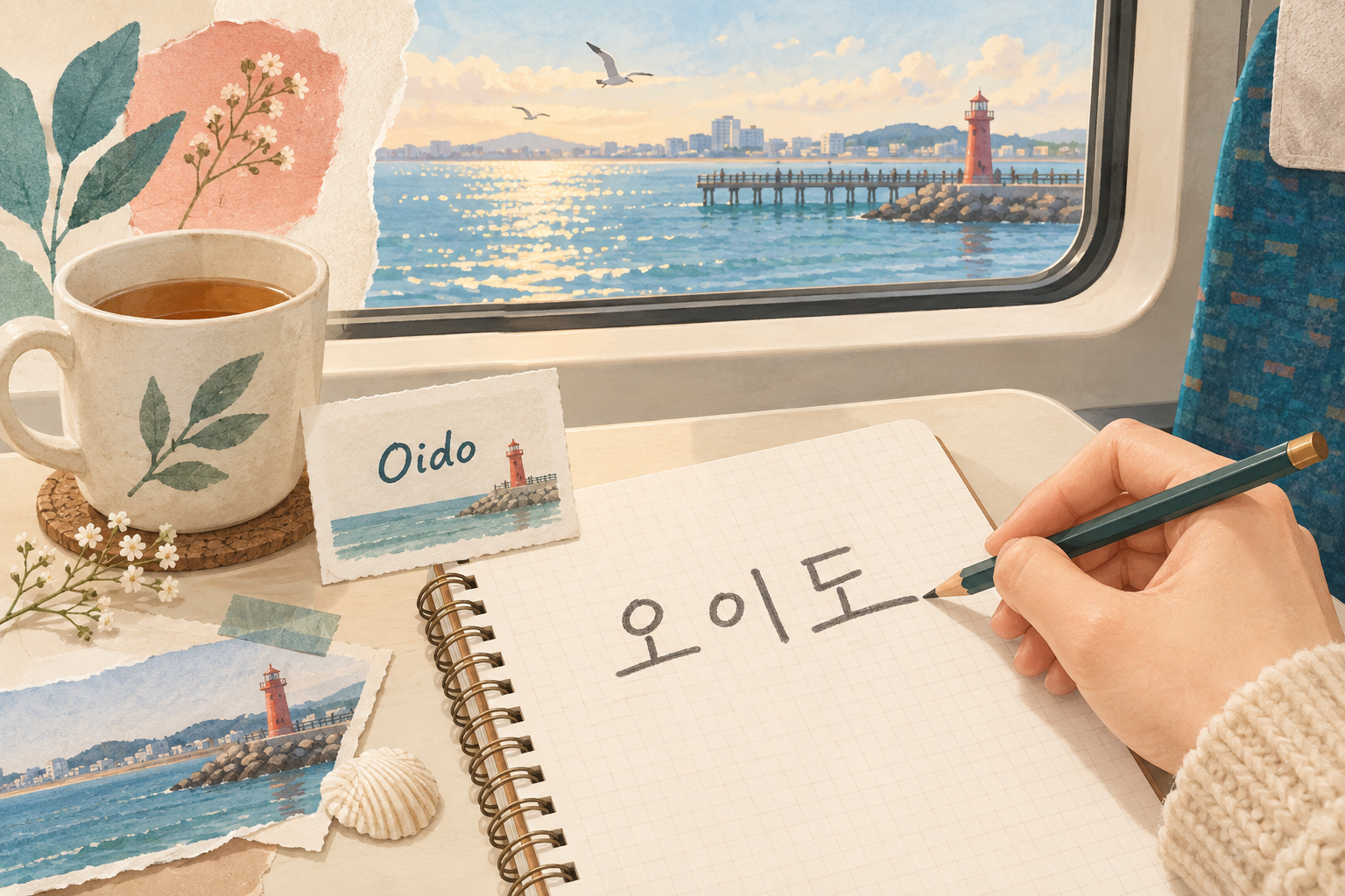 Den koreanischen Ortsnamen 오이도 auf einem Notizbuch üben