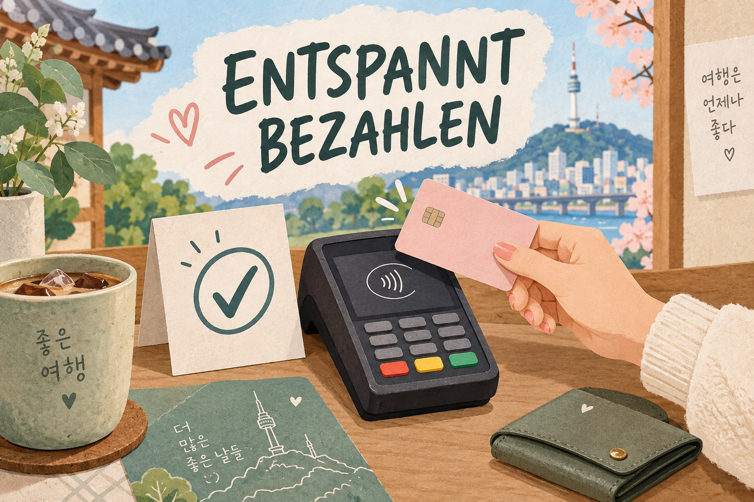 Südkorea Reisekosten: KI-Illustration einer Kartenzahlung im Café