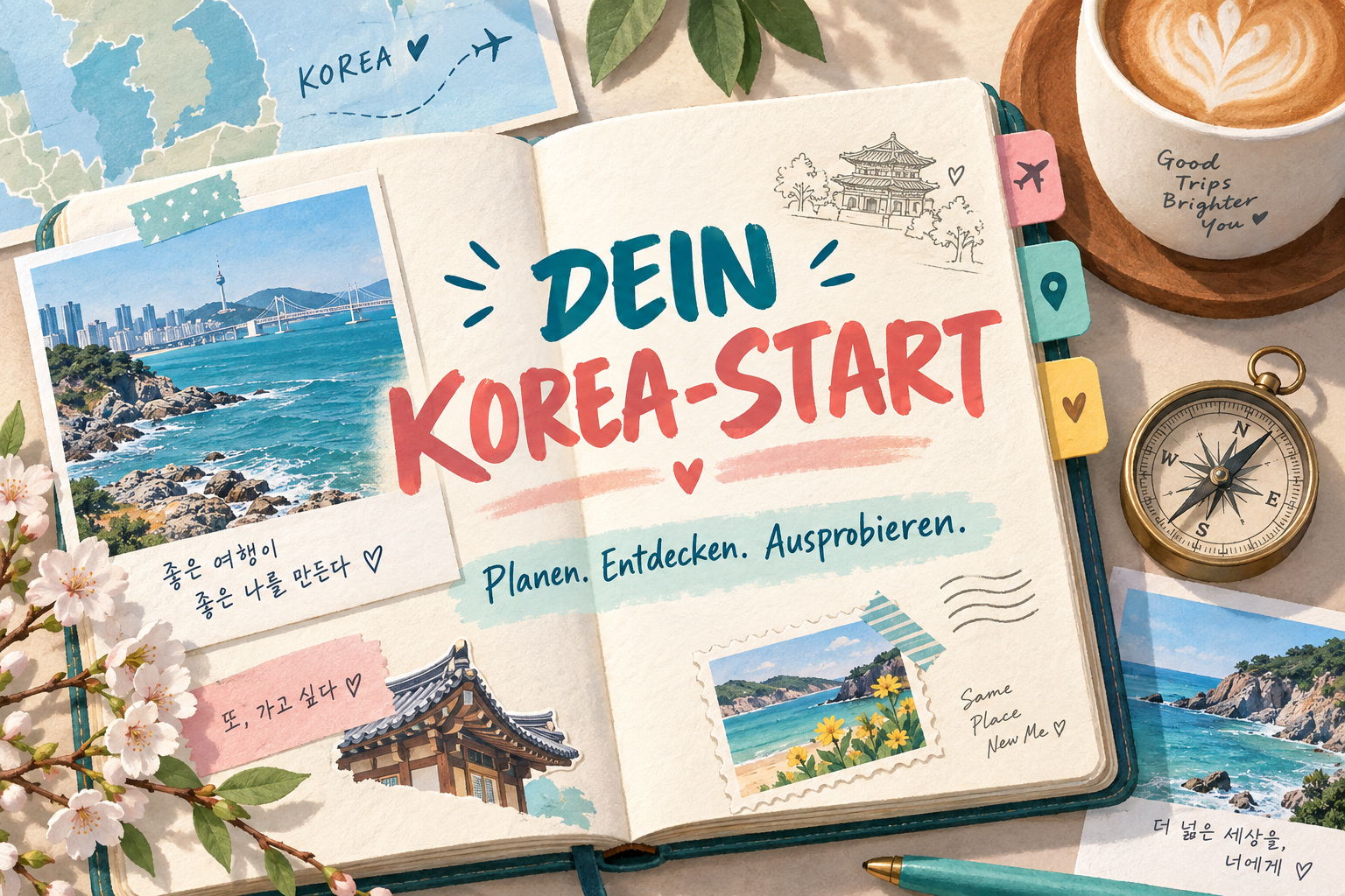 Koreareise planen: illustrierter Einstieg mit Notizbuch und Korea-Motiven