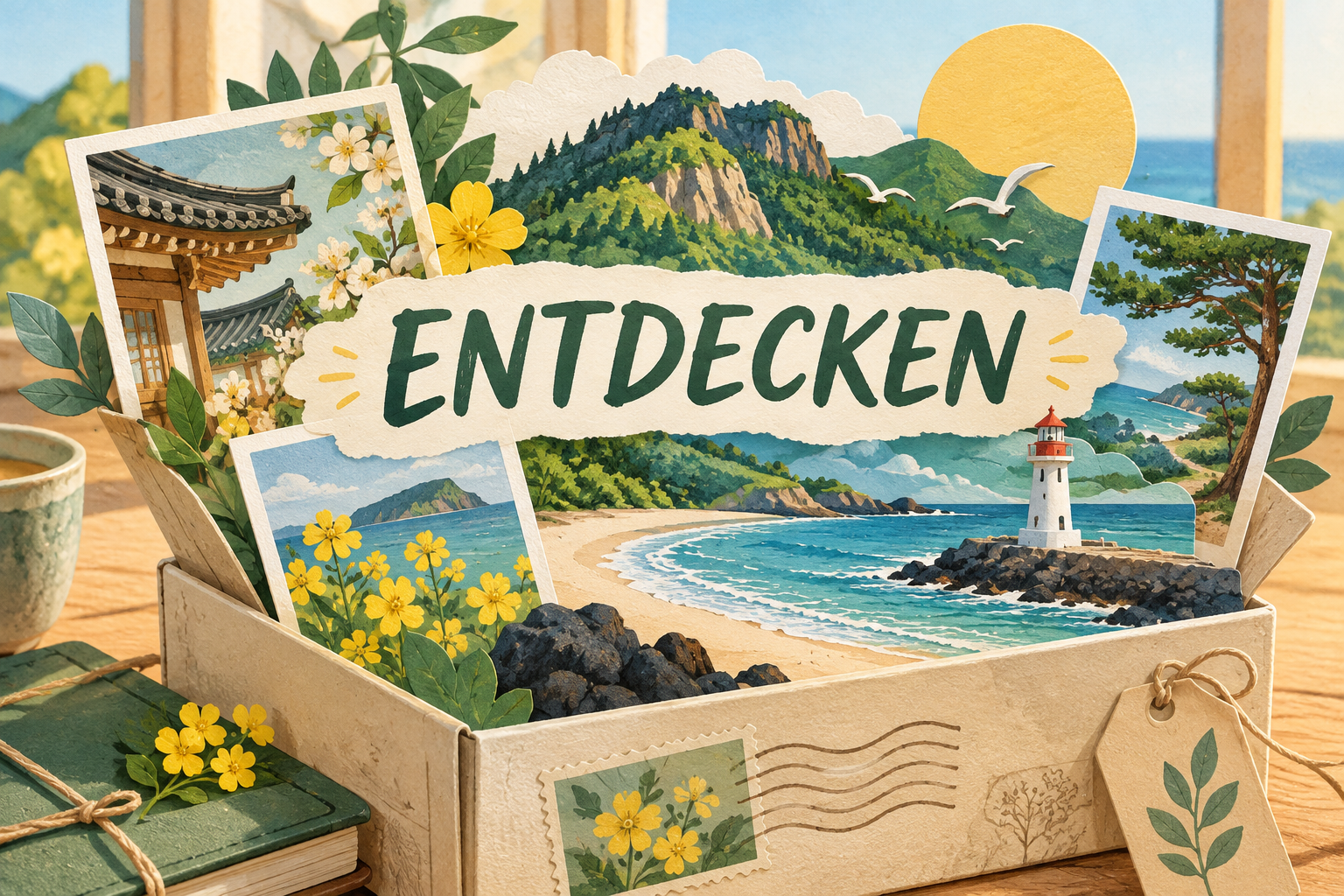 Illustrierte Reiseideen mit Küste, Bergen und koreanischer Architektur