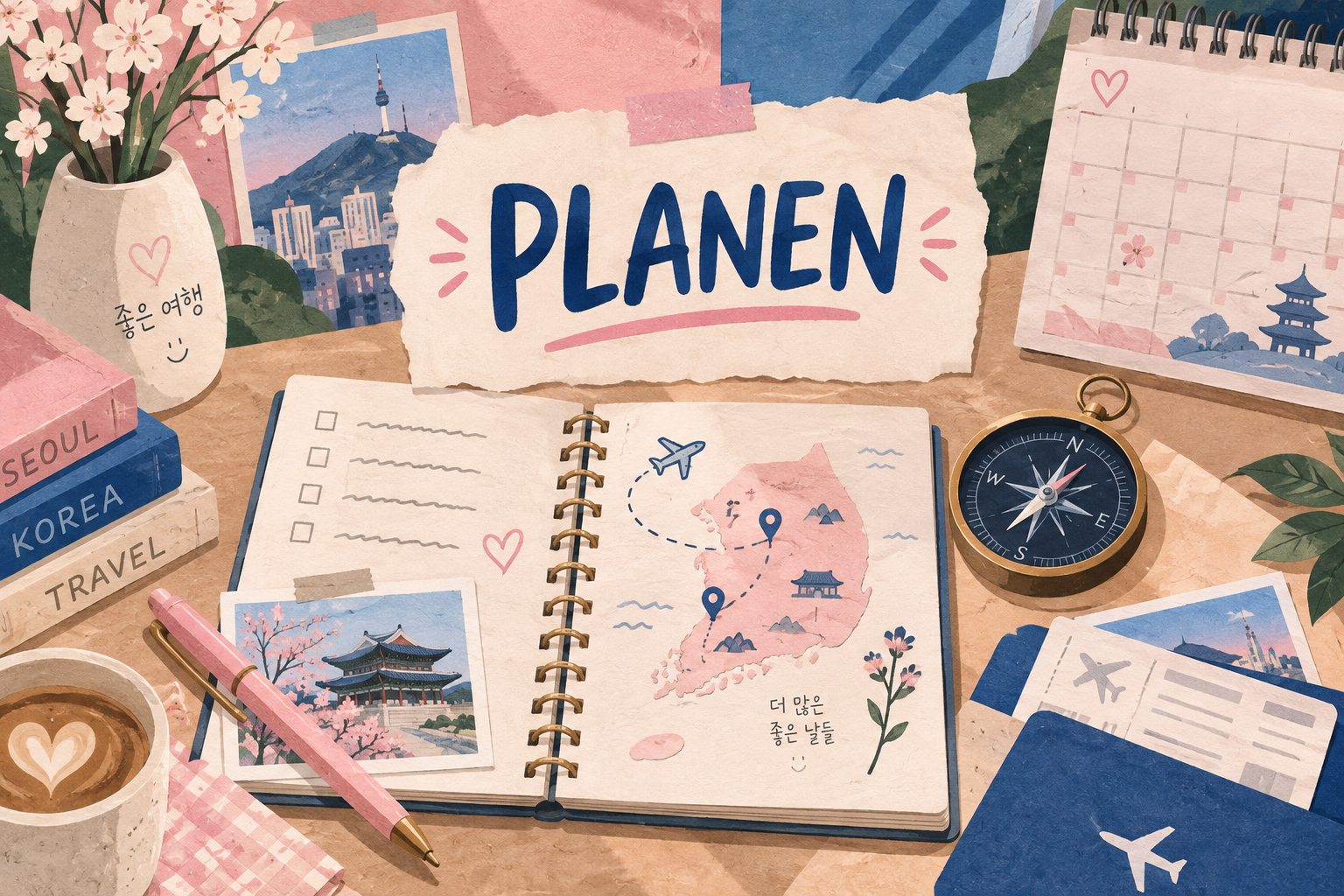Koreareise planen mit Kalender, Reisedokumenten und Routennotizen