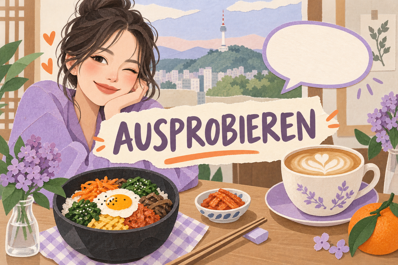 Illustration einer Reisenden mit Essen, Kaffee und Sprechblase
