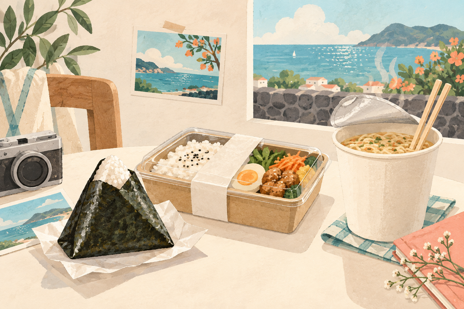 Reisdreieck, Lunchbox und Nudelsuppe aus dem Convenience Store
