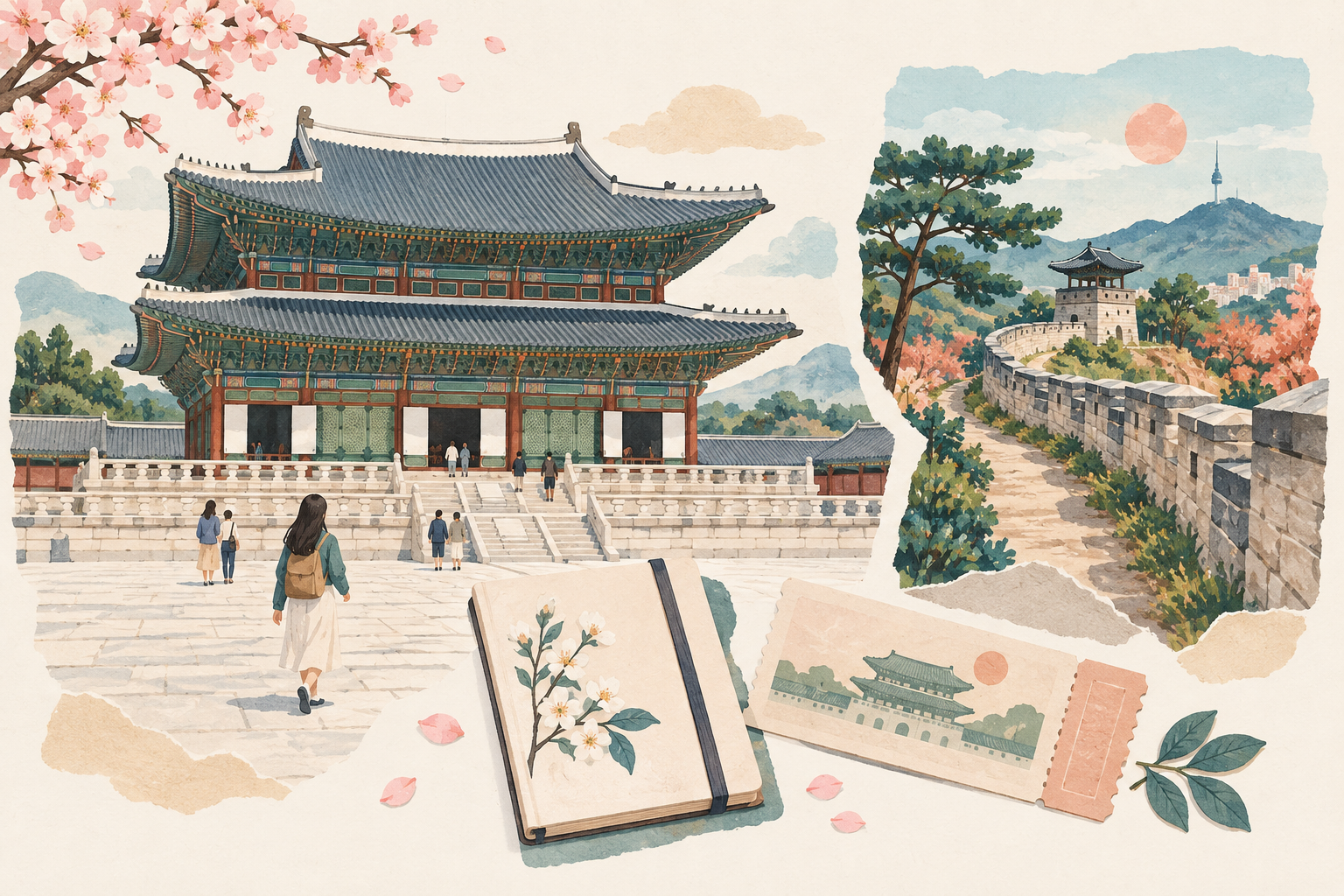 Koreanischer Palasthof mit Notizbuch und Eintrittskarte