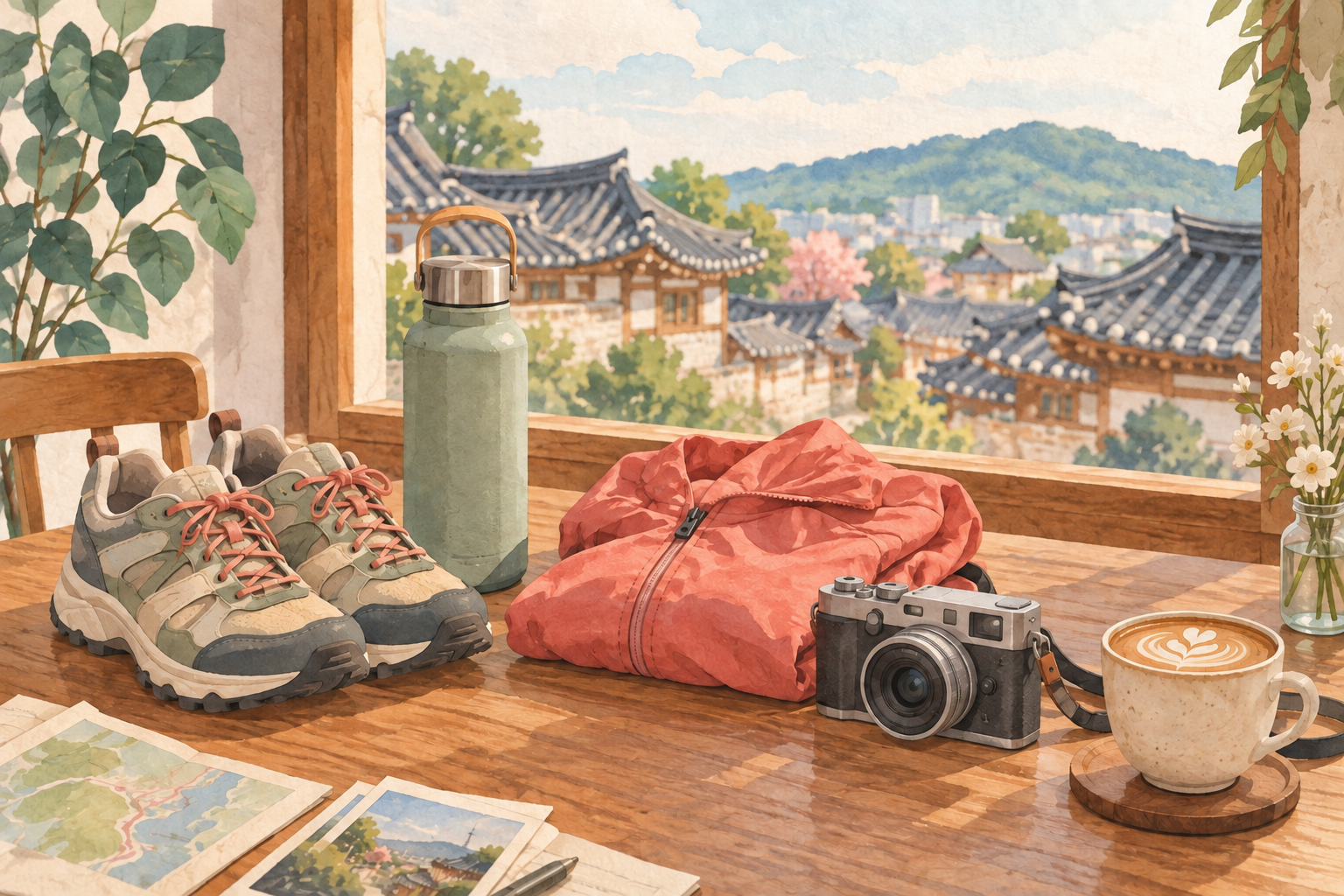 Wanderschuhe, Wasser und eine Cafépause