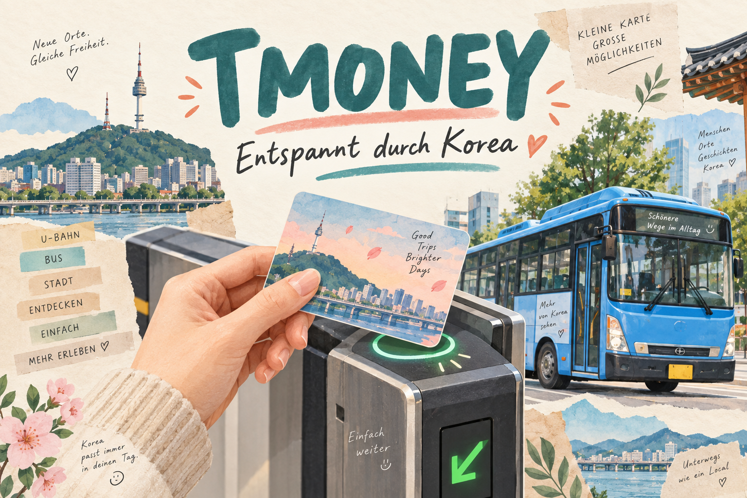 Tmoney in Korea: illustrierter Überblick mit Verkehrskarte, Bus und U-Bahn