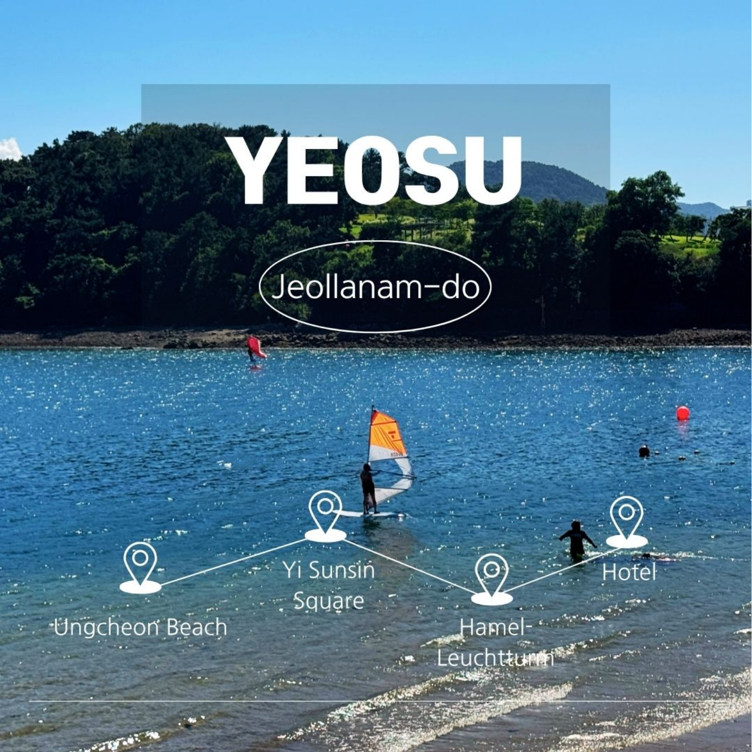 Yeosu: Windsurfen am Ungcheon Beach mit orangefarbenem Segel