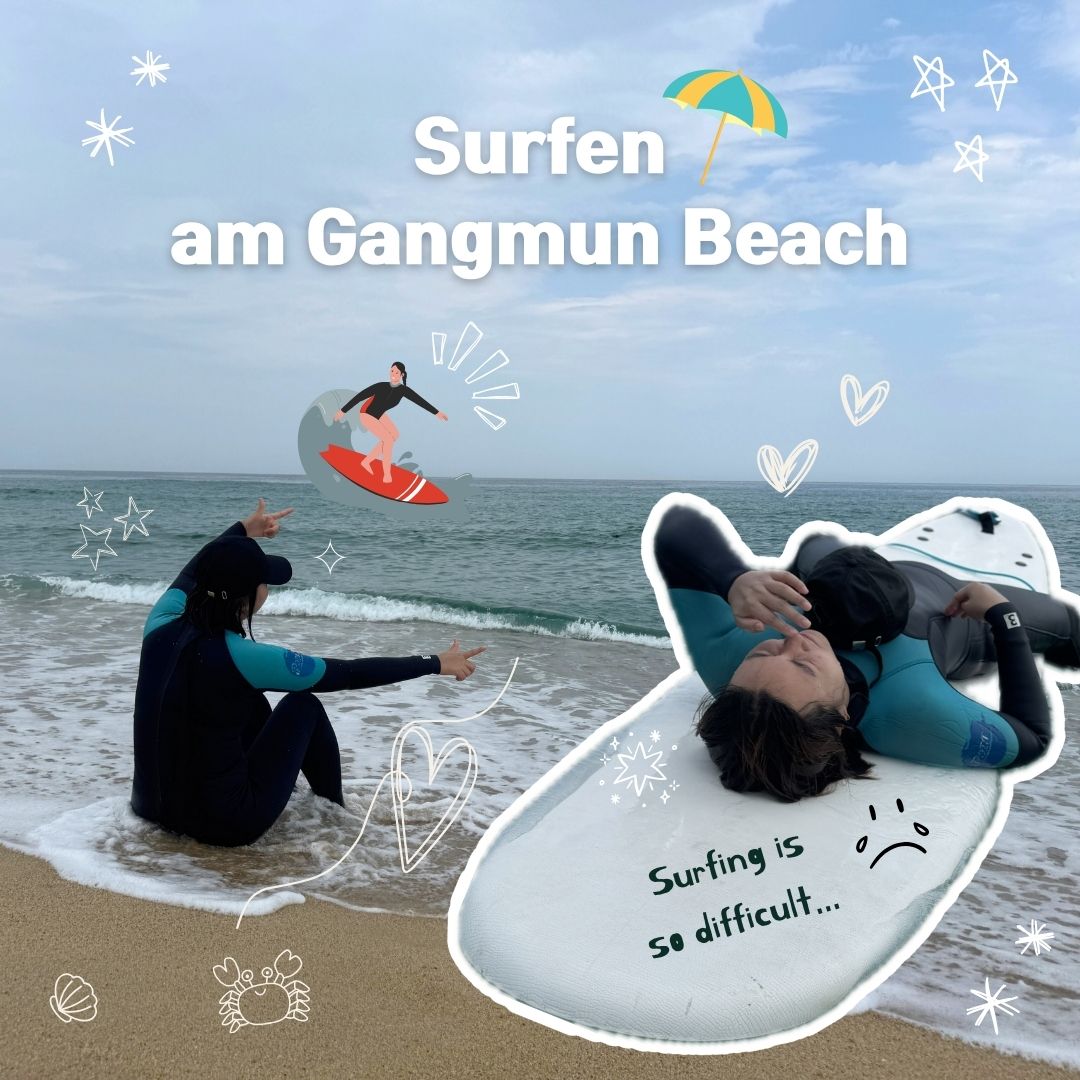 Fotocollage vom Surfkurs am Gangmun Beach: im Neoprenanzug am Meer und auf dem Surfbrett