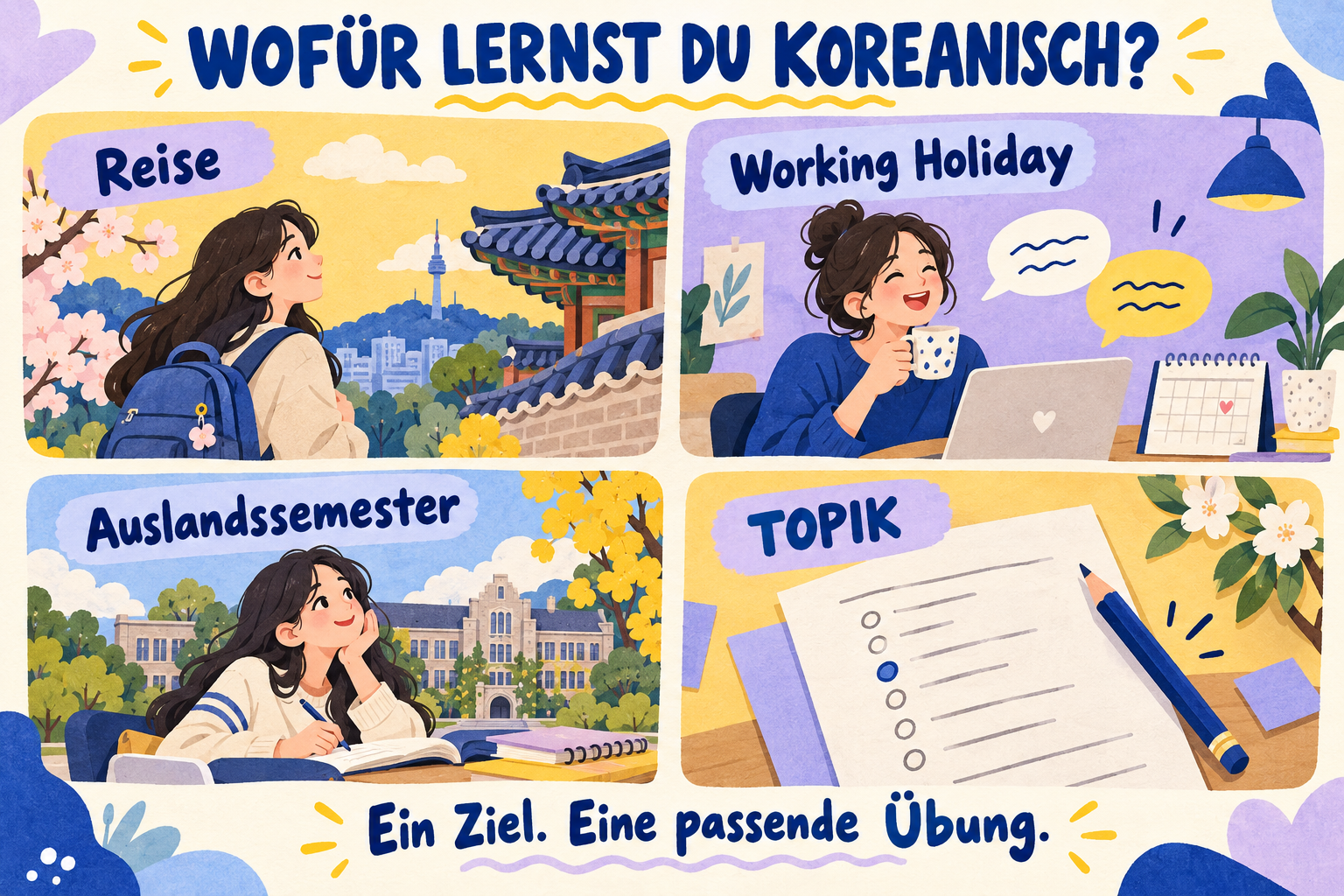 Vier Lernziele: Koreareise, Working Holiday, Auslandssemester und TOPIK