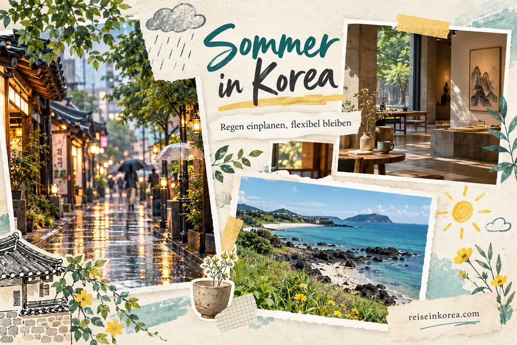 Sommer in Korea: illustrierte Regenszene, Innenalternative und Küstenmotiv