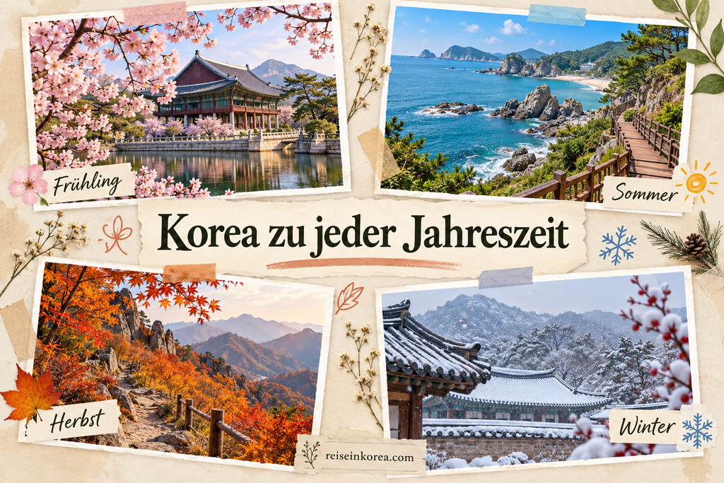 Beste Reisezeit Südkorea: KI-Collage mit Frühling, Sommer, Herbst und Winter