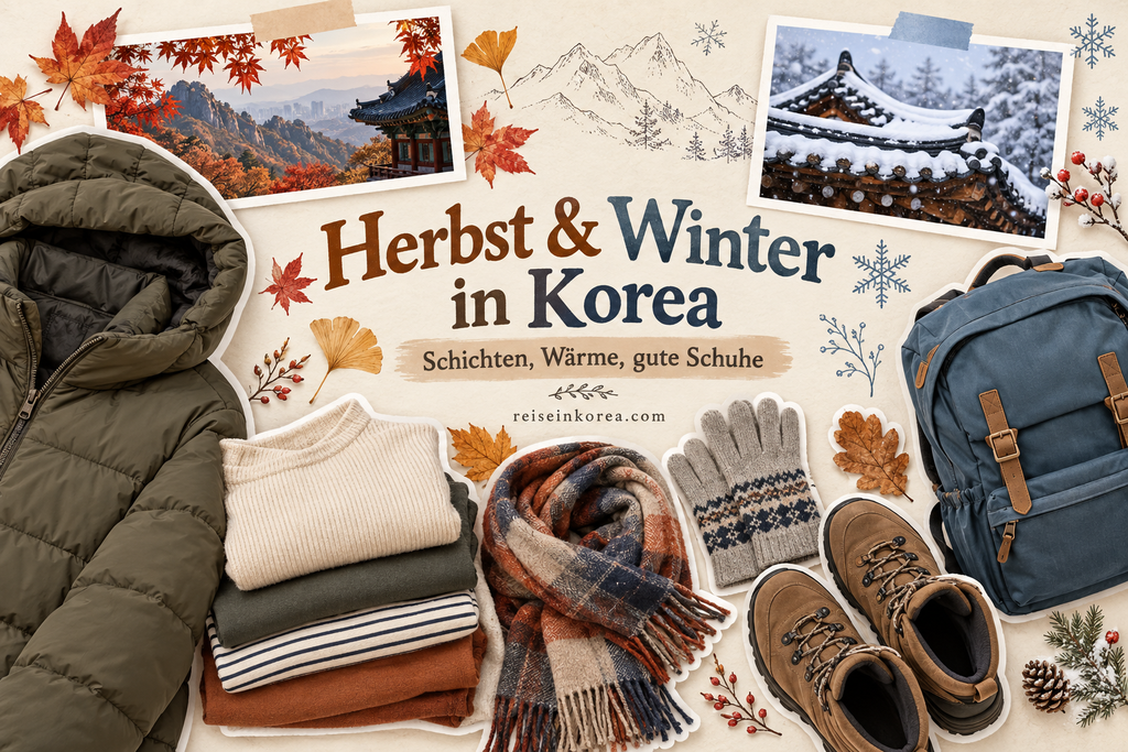 Herbst und Winter in Korea: Kleidungsschichten, warme Jacke, Handschuhe und Schuhe