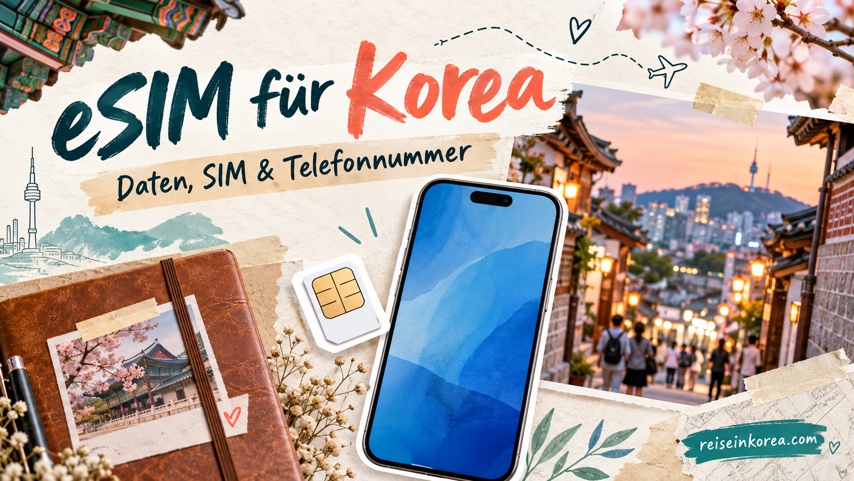 eSIM Südkorea: Smartphone und SIM als Reiseillustration