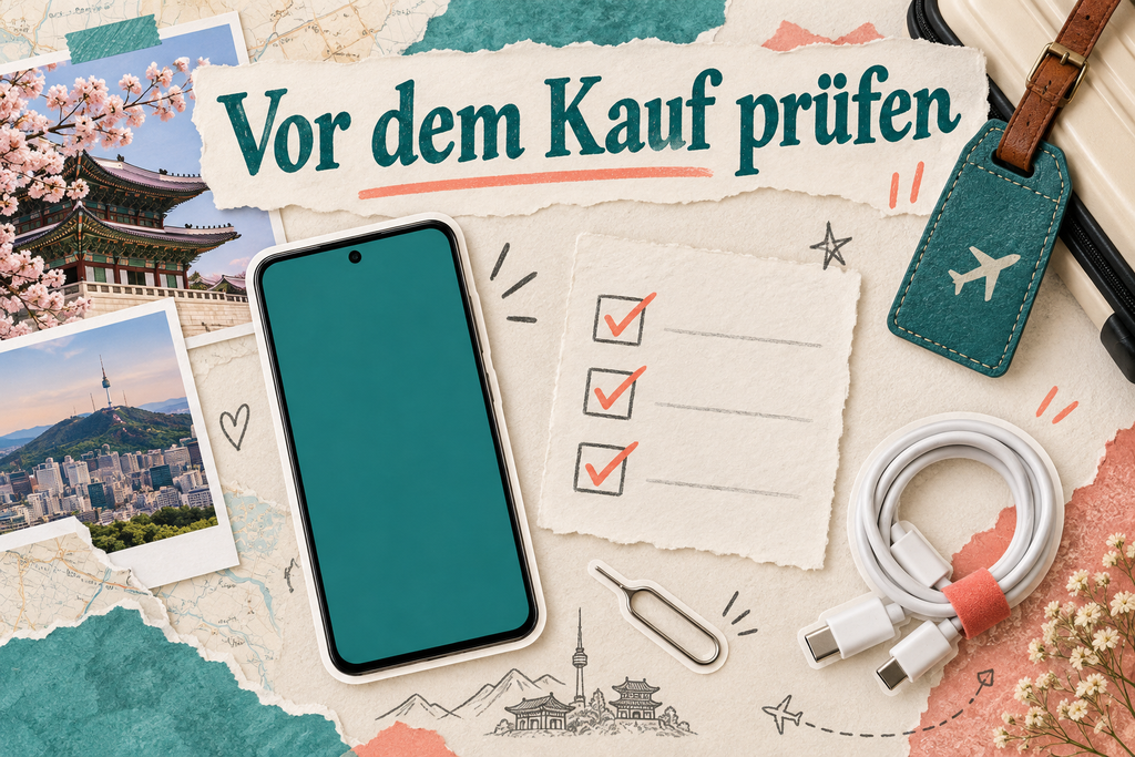 eSIM Südkorea vorbereiten: Smartphone, Checkliste und Ladekabel als Scrapbook-Illustration