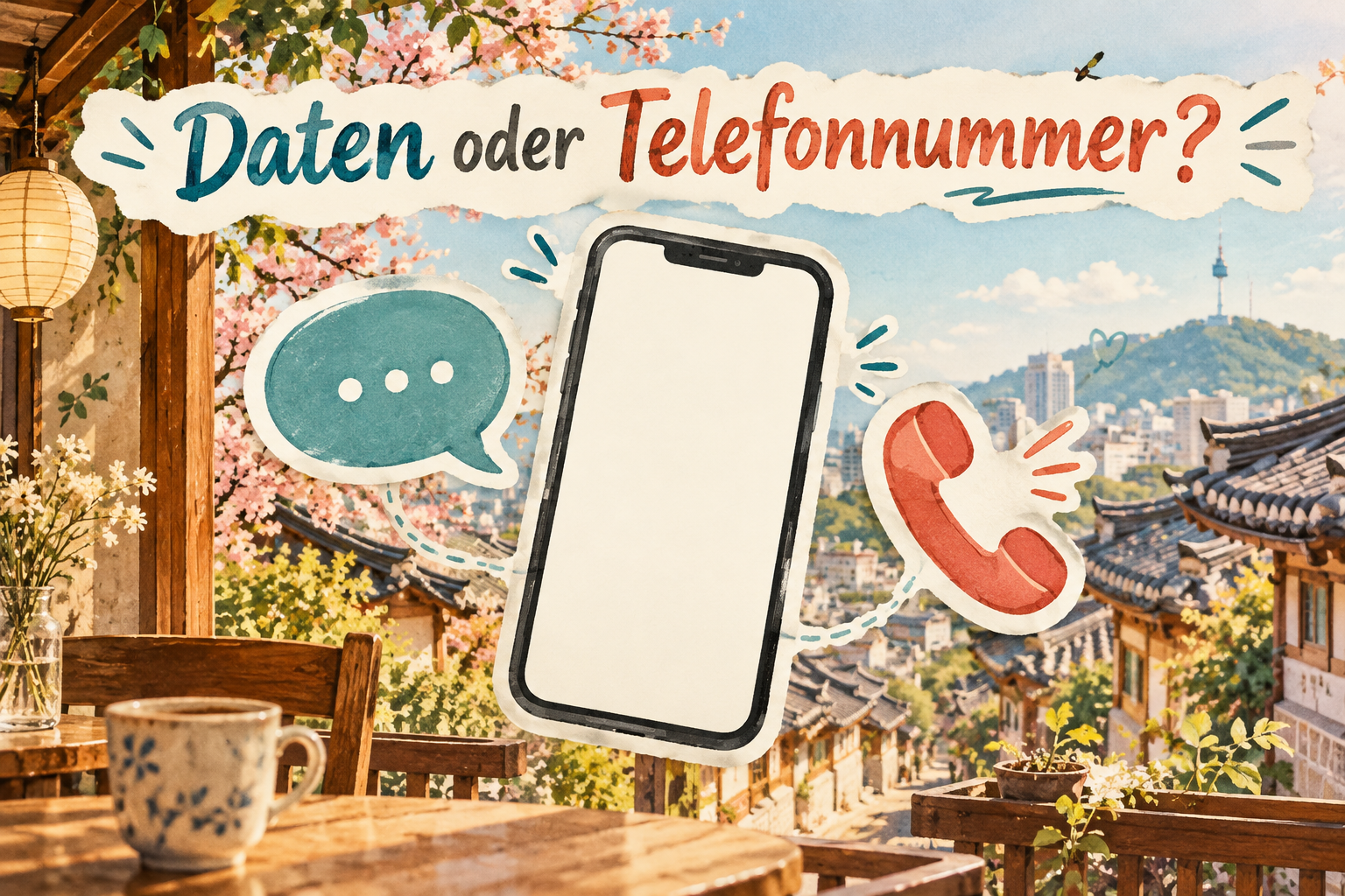 Illustration zu mobilen Daten und Telefonnummer mit Smartphone, Sprechblase und Telefonsymbol