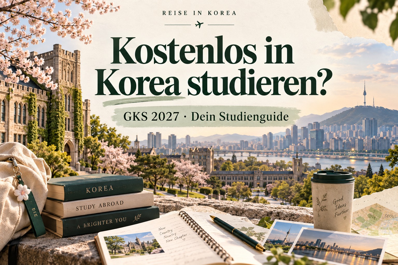 Kostenlos in Korea studieren: GKS 2027 – KI-generiertes Titelbild mit Campus, Seoul-Skyline und Studienunterlagen