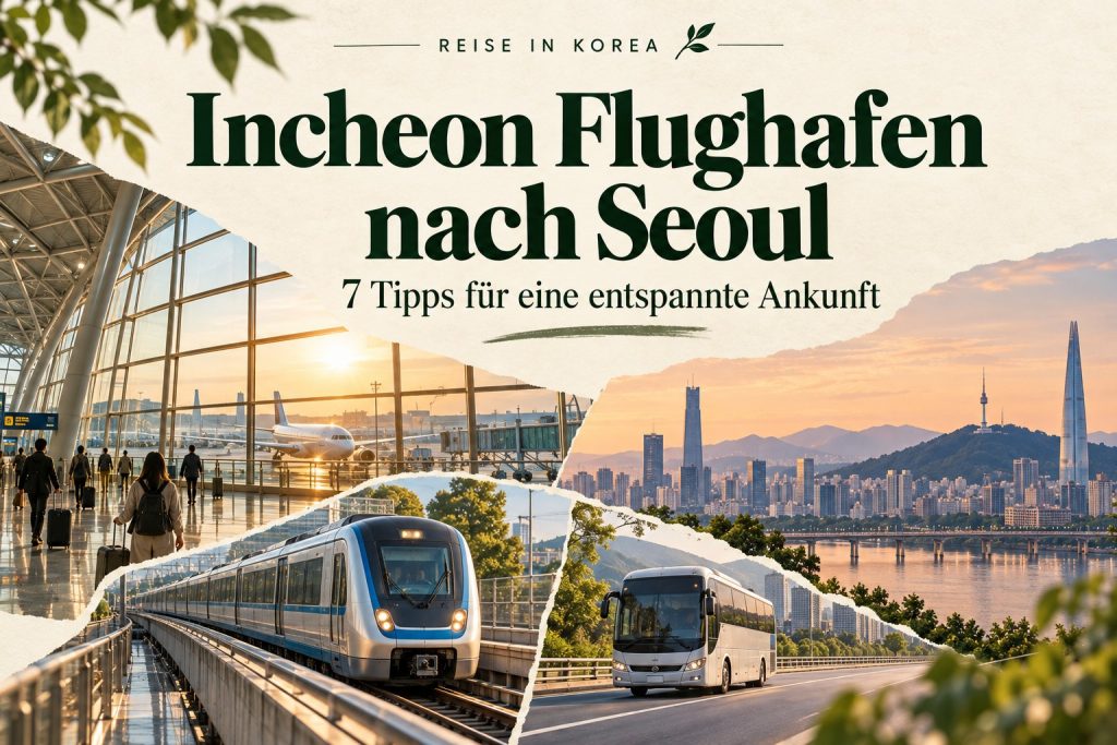 Incheon Flughafen nach Seoul: KI-generierte Titelcollage mit Flughafen, Zug, Bus und Seoul-Skyline