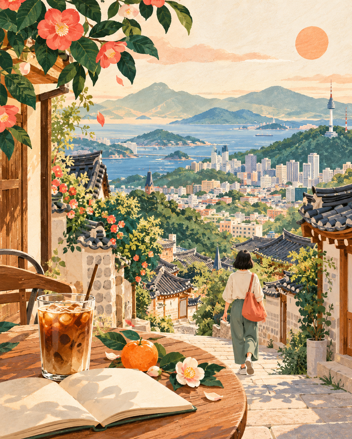 Korea-Reise als KI-Illustration: Hanok-Dächer, Berge, Küste und ein Café mit Reisetagebuch