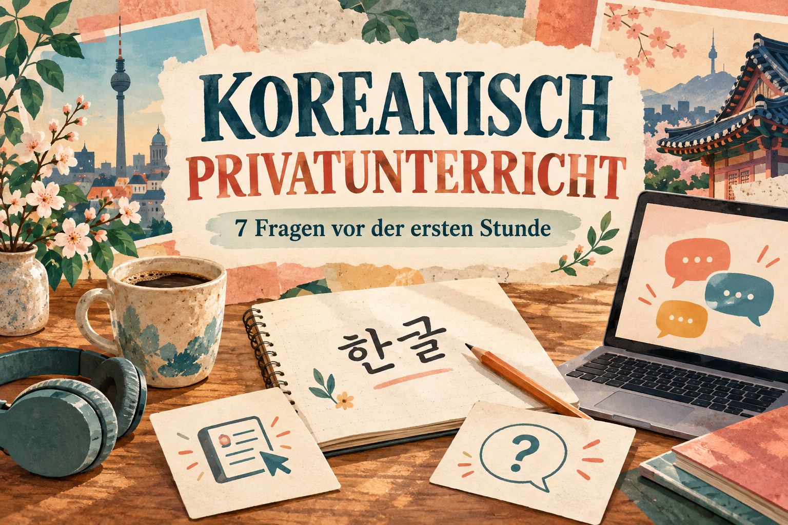 Illustration zum Koreanisch-Privatunterricht mit Laptop, Hangeul-Notizbuch und sieben Fragen zur Kurswahl