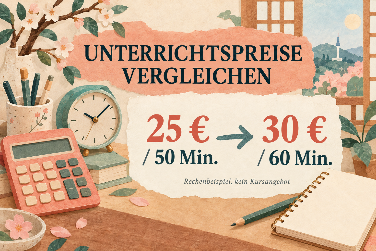 Rechenbeispiel: 25 Euro für 50 Minuten Unterricht entsprechen 30 Euro pro 60 Minuten