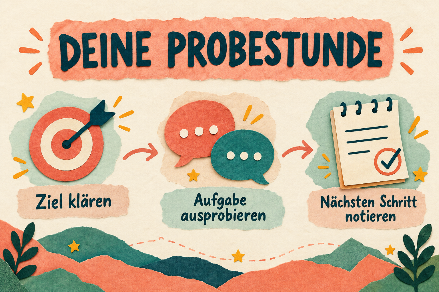 Drei Schritte für eine Probestunde: Ziel klären, Aufgabe ausprobieren und nächsten Schritt notieren